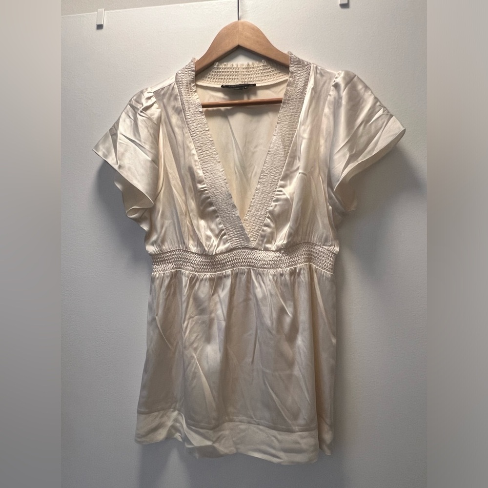 BCBGMaxAzria Cream, Deep V Neck Blouse, Size Medium